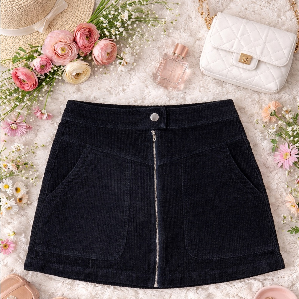 Altar’d  State Black Corduroy Mini Skirt with Front Zipper
